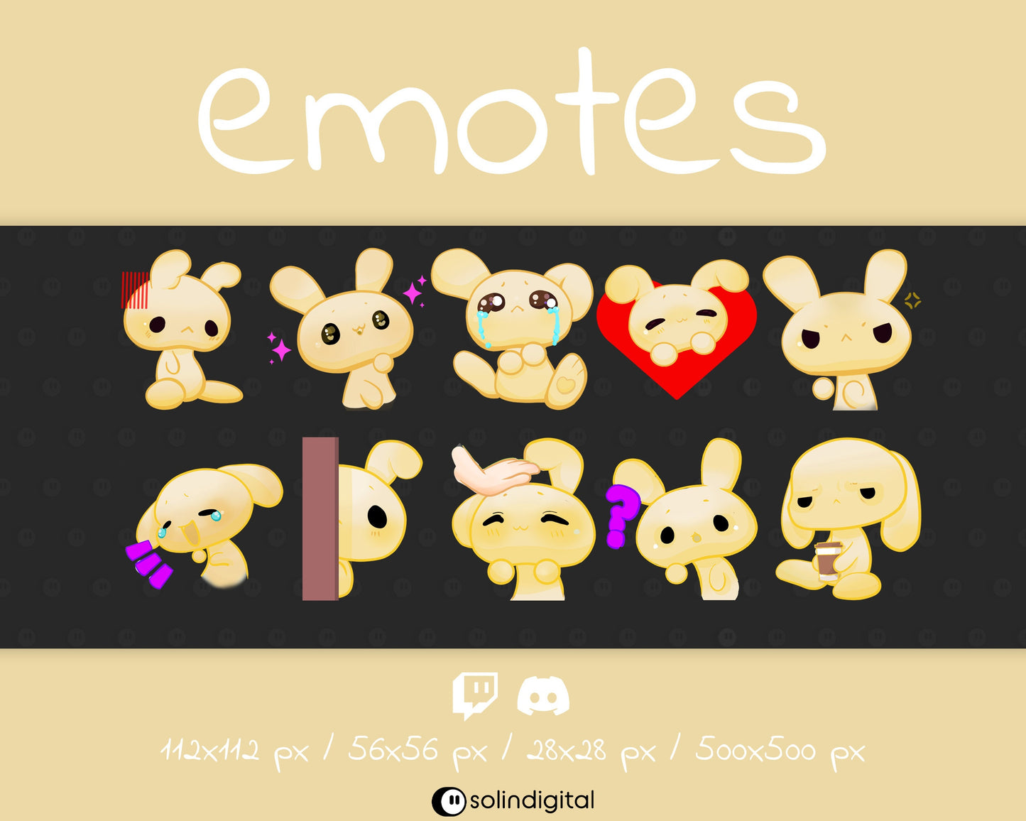 Cute Bunny Emotes, 10x, Kawaii Rabbit Emotes For Twitch Streamers and Discord Servers