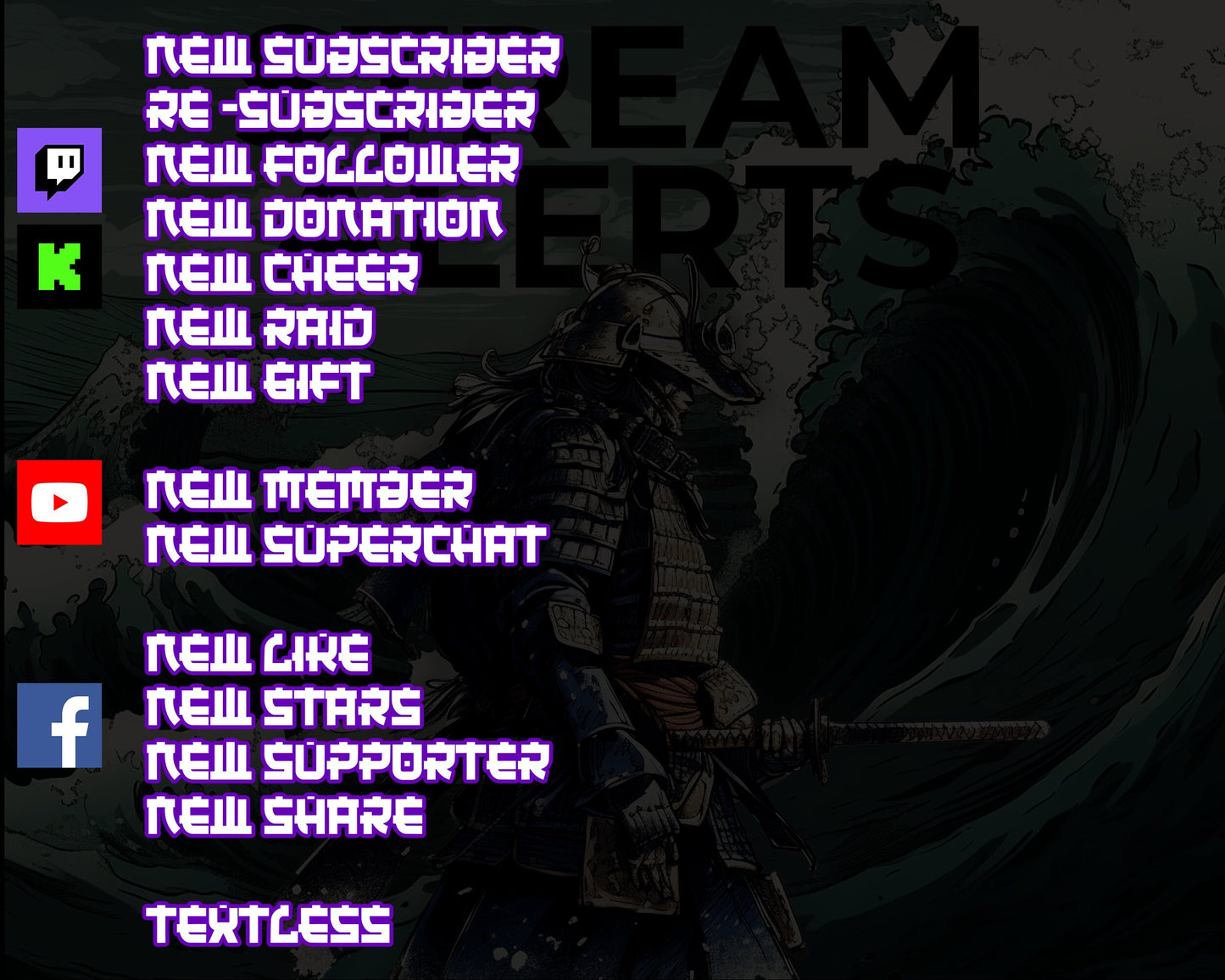 Water Ronin Pixel Alerts for Twitch Streams, Samurai Warrior Animated Alert Overlay, YouTube Facebook Kick