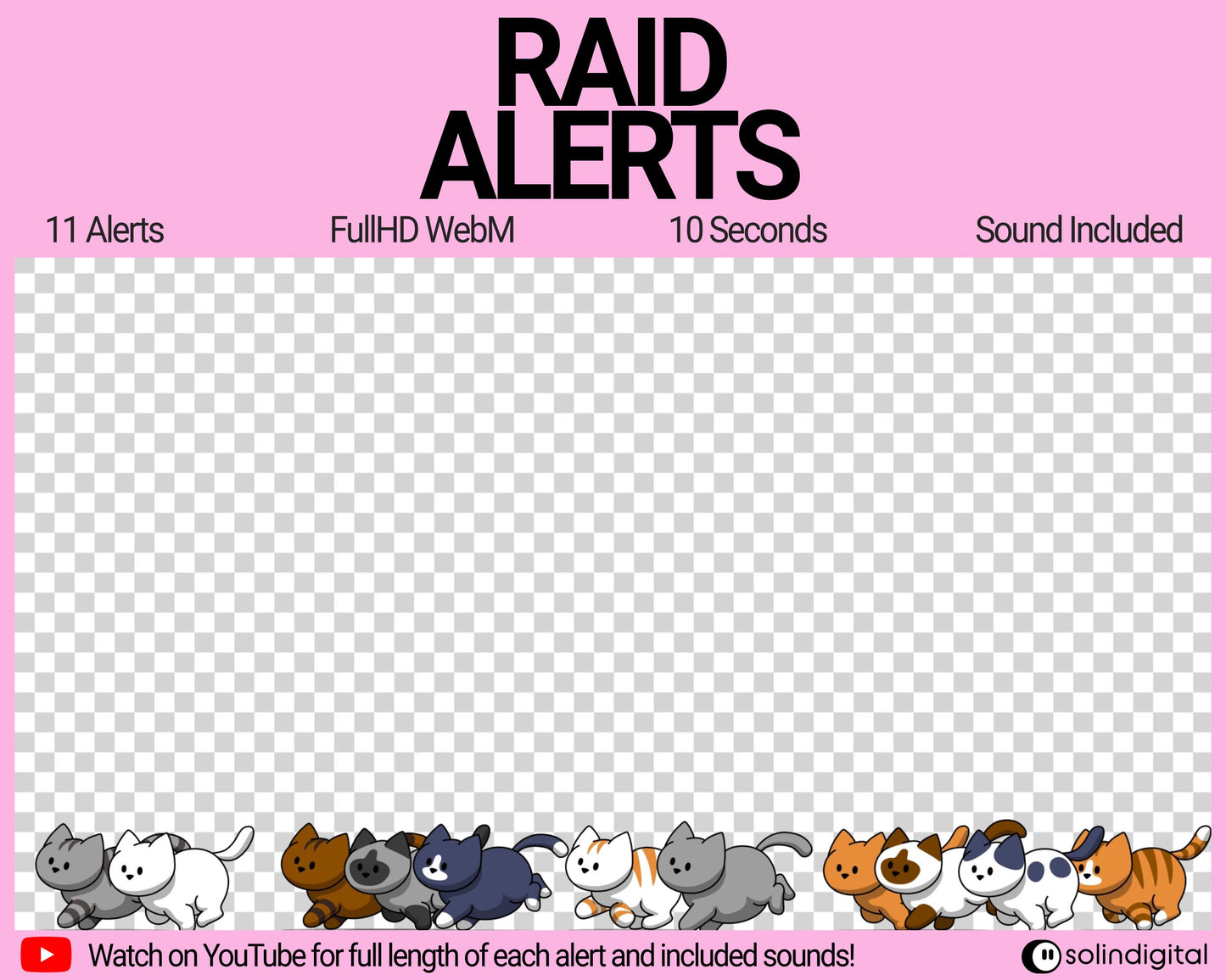 Cats Raid Alerts for Twitch Streamers, Chibi Cute Kawaii Funny Kittens Animated Stream Overlay for Twitch, YouTube, Facebook and Kick