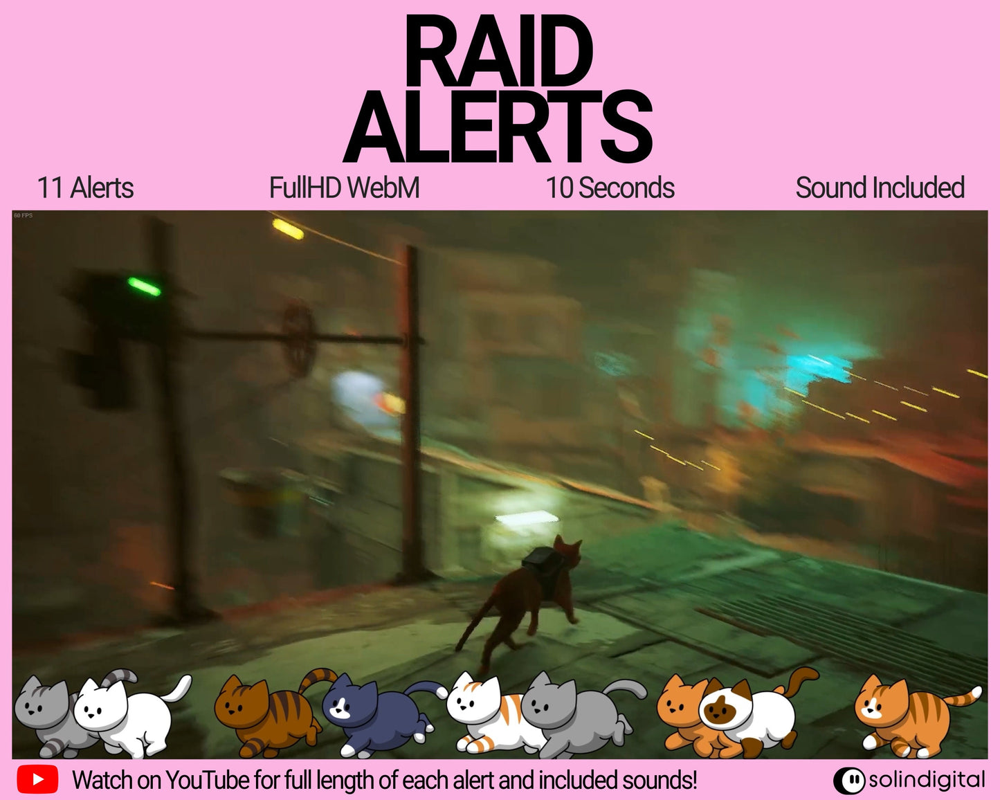 Cats Raid Alerts for Twitch Streamers, Chibi Cute Kawaii Funny Kittens Animated Stream Overlay for Twitch, YouTube, Facebook and Kick