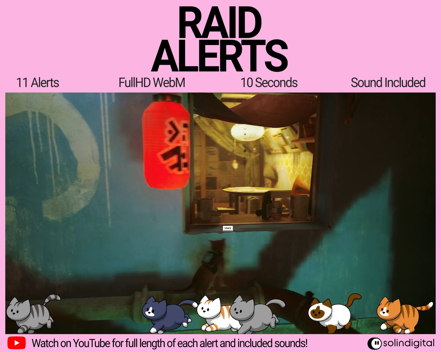 Cats Raid Alerts for Twitch Streamers, Chibi Cute Kawaii Funny Kittens Animated Stream Overlay for Twitch, YouTube, Facebook and Kick