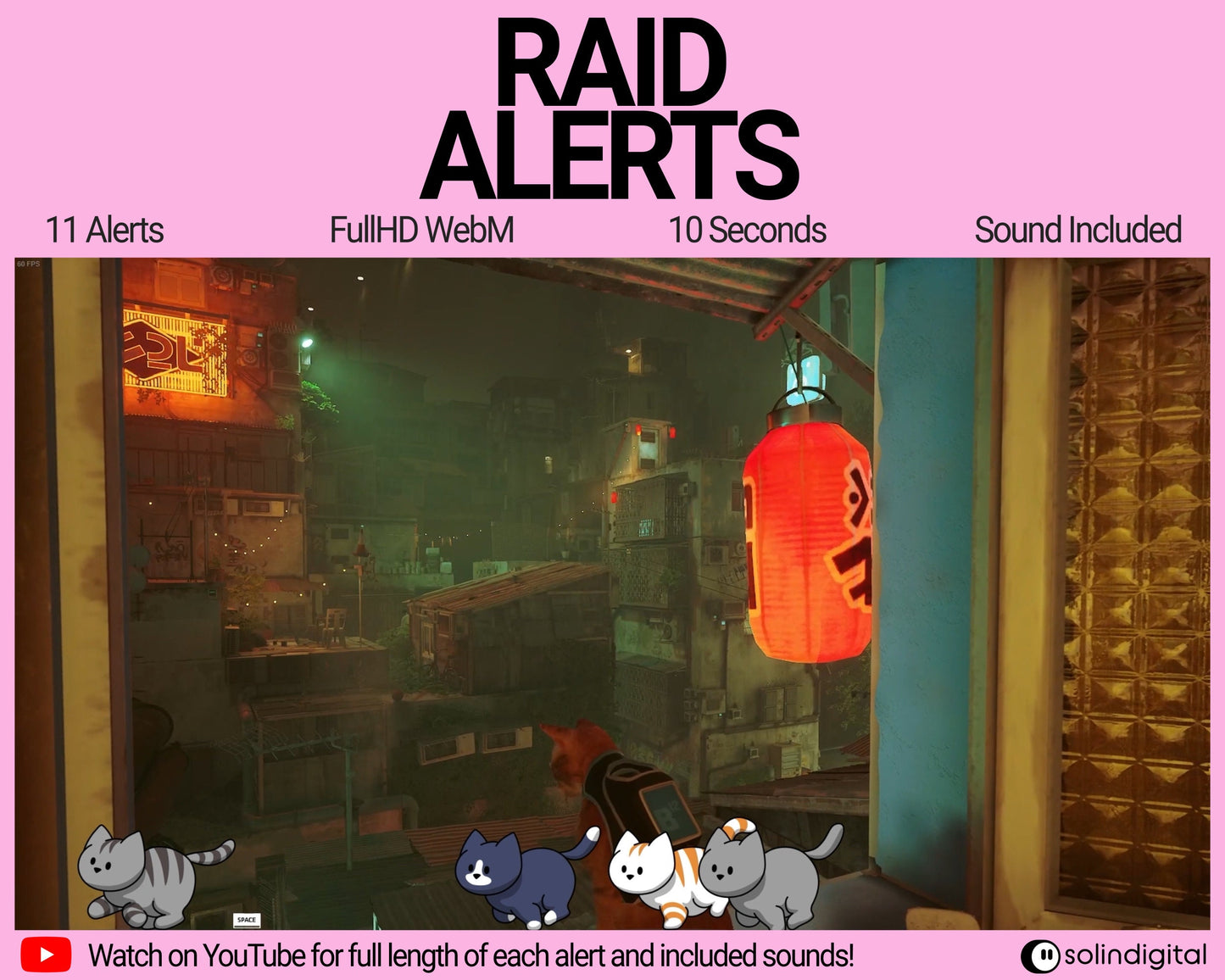 Cats Raid Alerts for Twitch Streamers, Chibi Cute Kawaii Funny Kittens Animated Stream Overlay for Twitch, YouTube, Facebook and Kick